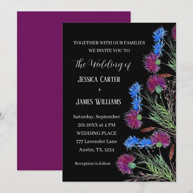 Invitation Chardon Cornflowers Aquarelle Rustique Mariage (Devant / Derrière)