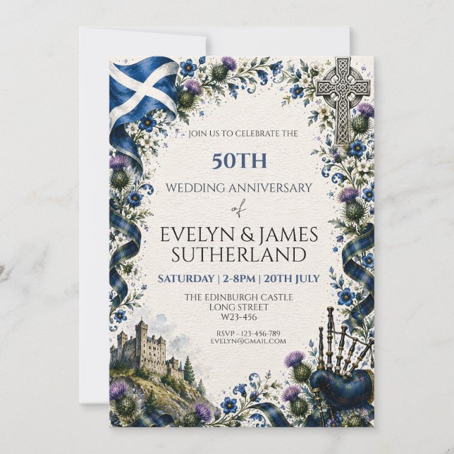 Invitation Chardon écossais Croix celtique Cornemuse Château  (Devant)