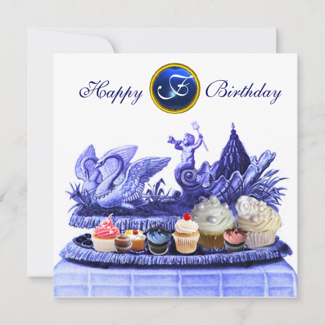 INVITATION CHARIOT BLEU DE SWANS ET CUPCAKES ANNIVERSAIRE (Devant)