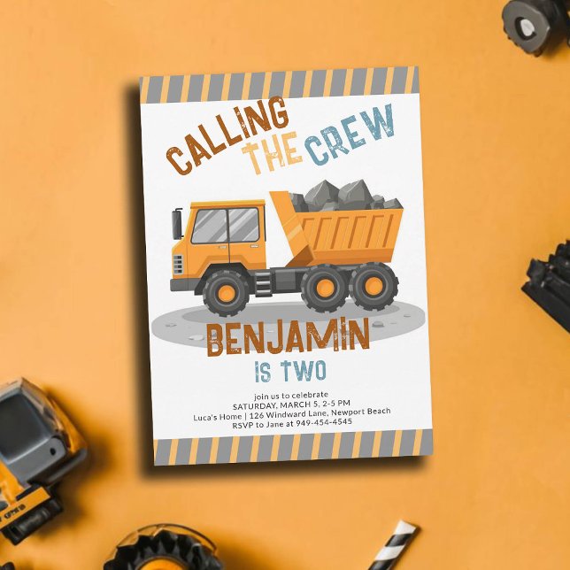 Invitation Chariot Camion de l'équipage de construction 2e an (construction birthday party 2 second boys dump truck urban crew theme invitation template custom)