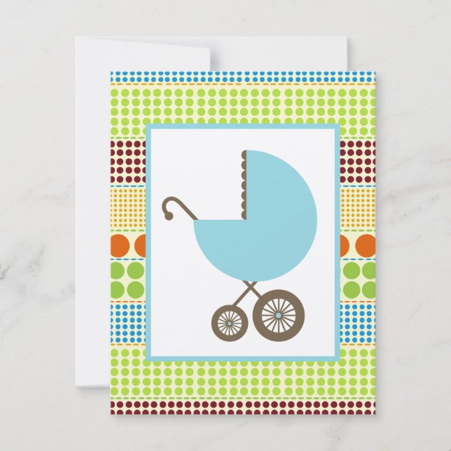 Invitation Chariot de baby shower de garçon et points bleus (Devant)