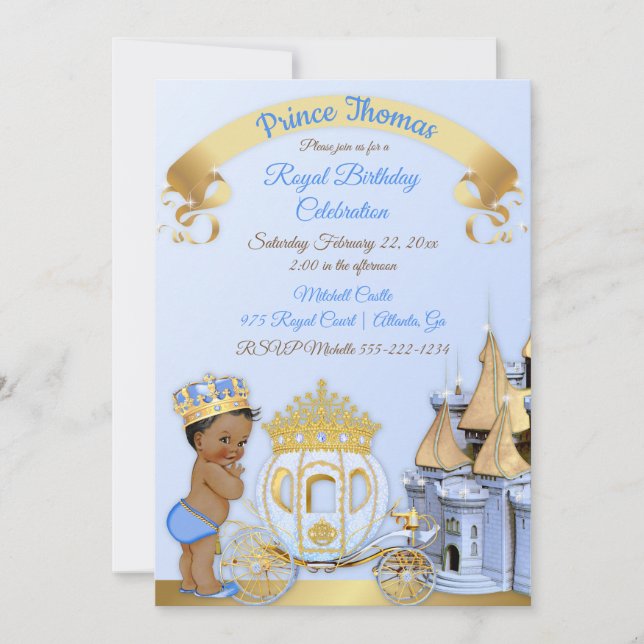 Invitation Chariot de château de prince royal bleu or garçon (Devant)