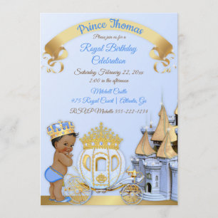 Invitation Chariot de château de prince royal bleu or garçon