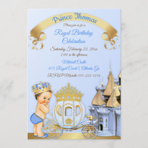 Invitation Chariot de château de prince royal bleu or garçon 