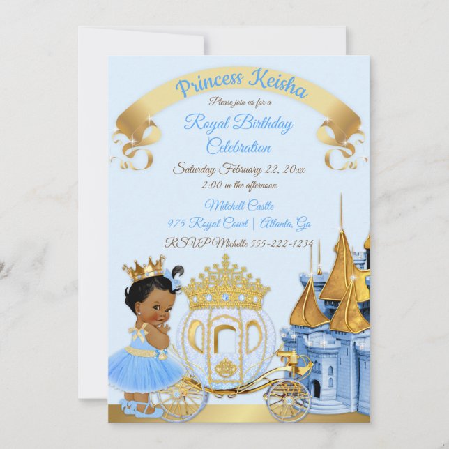 Invitation Chariot de château de princesse royale bleu or fil (Devant)