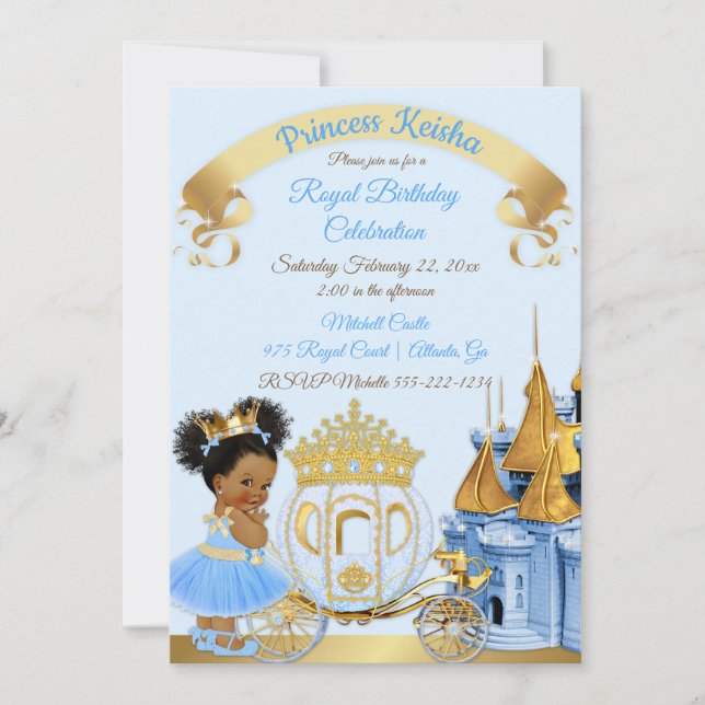 Invitation Chariot de Château de Princesse Royale Bleu Or Fil (Devant)