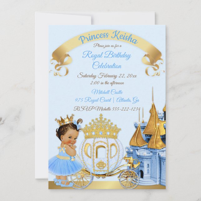 Invitation Chariot de Château de Princesse Royale Bleu Or Fil (Devant)