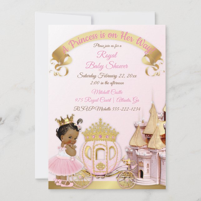 Invitation Chariot de Château de Princesse Royale Rose Or Fil (Devant)