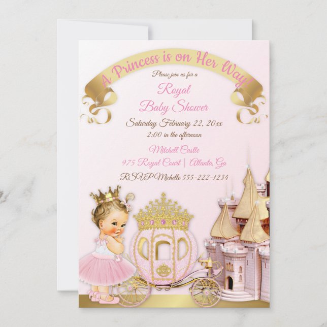 Invitation Chariot de Château de Princesse Royale Rose Or Fil (Devant)