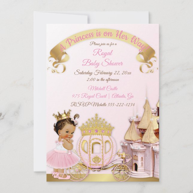 Invitation Chariot de Château de Princesse Royale Rose Or Fil (Devant)