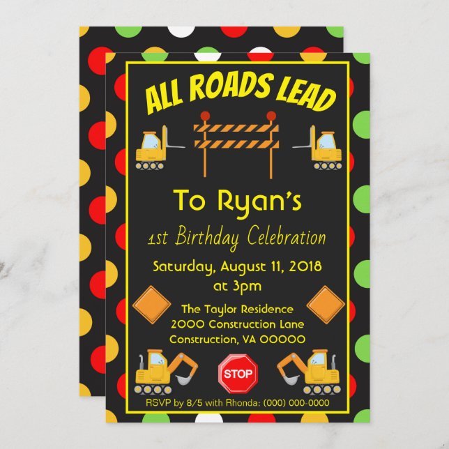 Invitation Chariot de construction Anniversaire fête Polka Do (Devant / Derrière)