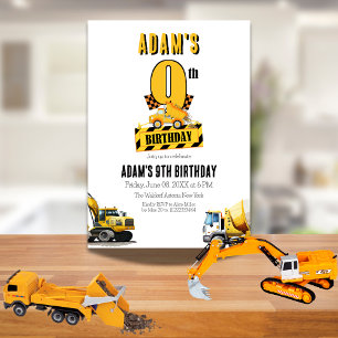 Invitation Chariot de construction Neuvième fête anniversaire