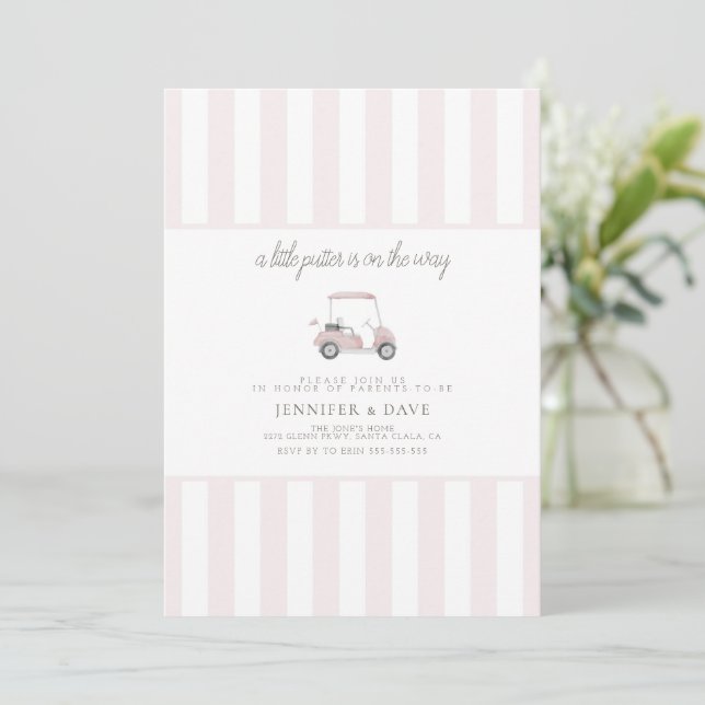 Invitation Chariot de golf rose petit putter sur le chemin (Debout devant)