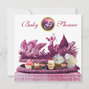 INVITATION CHARIOT ROSE DE SWANS / CUPCAKES BABY SHOWER FILLE