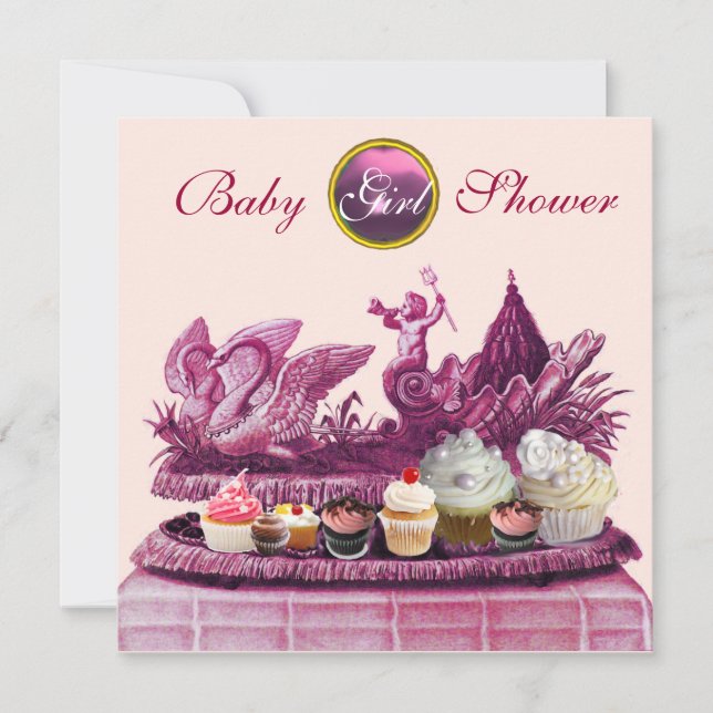 INVITATION CHARIOT ROSE DE SWANS / CUPCAKES BABY SHOWER FILLE (Devant)