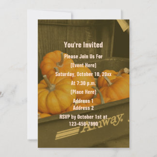 Invitation Chariot Sépia Citrouilles Orange Fête d'Automne