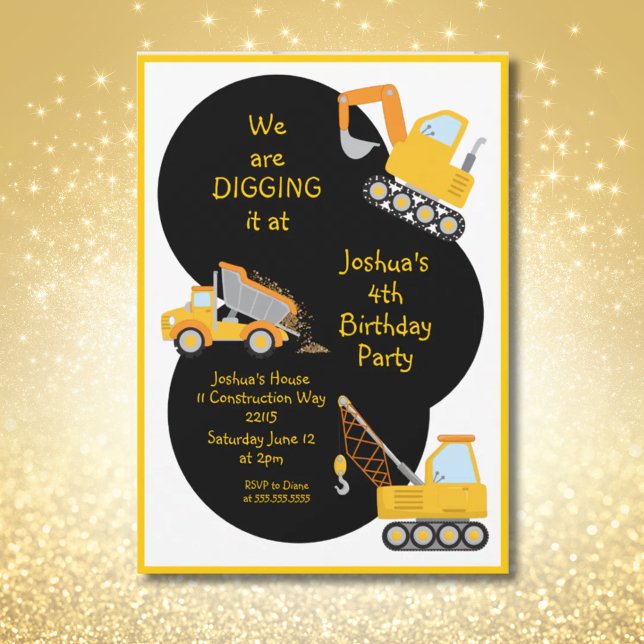 Invitation Chariots de construction creuser (Construction Trucks Digging It Birthday Party Invitation)