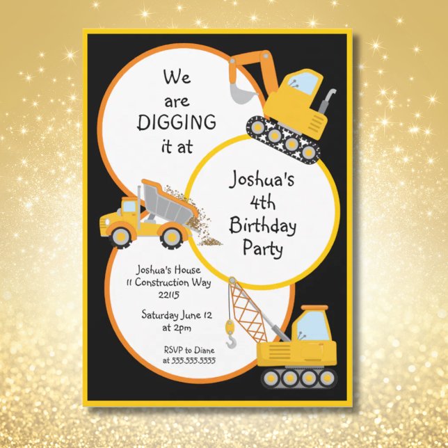 Invitation Chariots de construction creuser (Construction Trucks Digging It Birthday Party Invitation)