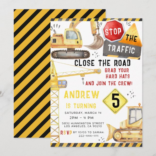 Invitation Chariots de construction Excavateur Bulldozer Anni (Devant / Derrière)