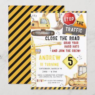 Invitation Chariots de construction Excavateur Bulldozer Anni