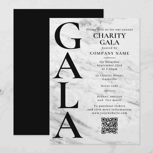 Invitation Charity Gala Fundraising Event QR Code Marble (Devant / Derrière)