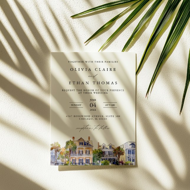 Invitation Charleston SC Rainbow Row Watercolor Mariage (Créateur téléchargé)
