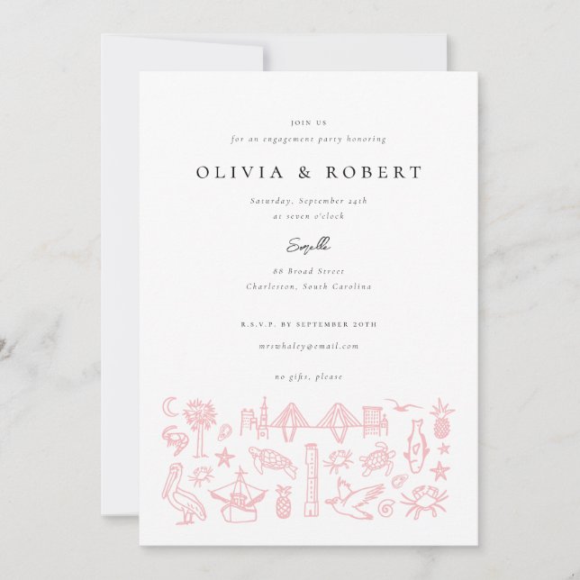 Invitation Charleston Toile Frontière en Pink Engagement (Devant)