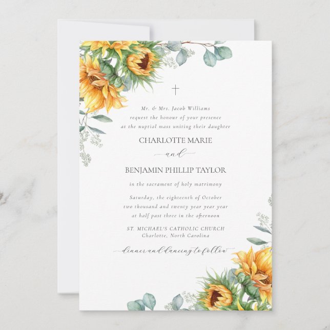 Invitation Charlotte Rustic Sunflowers Mariage catholique (Devant)