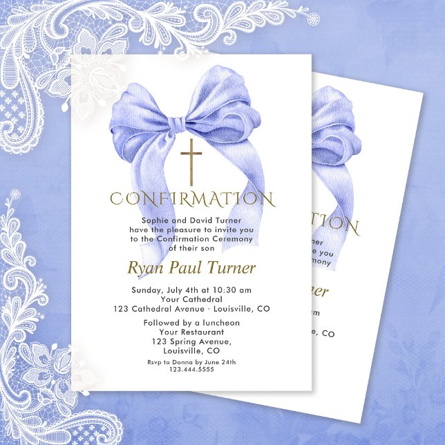 Invitation Charm Aquarelle bleu Bow Boy Confirmation (Créateur téléchargé)
