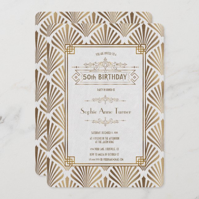 Invitation Charm Art Déco White Gatsby 50e fête d'anniversair (Devant / Derrière)