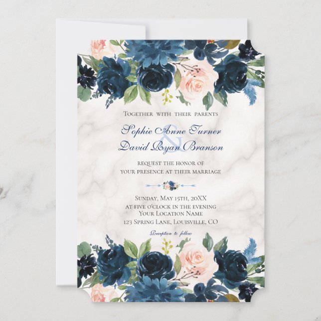 Invitation Charm bleu marine Floral Fleur Marbre Mariage (Devant)