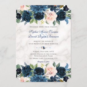 Invitation Charm bleu marine Floral Fleur Marbre Mariage