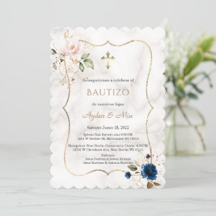 Invitation Charm Blue rose Floral Rose Gold Twins Baptême