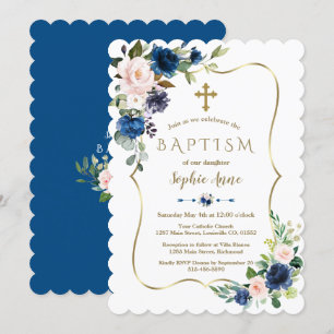 Invitation Charm Blush Classic Blue Flowers Gold Girl Baptême