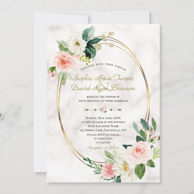 Invitation Charm Blush Cream Flowers Marble Gold Mariage (Devant)