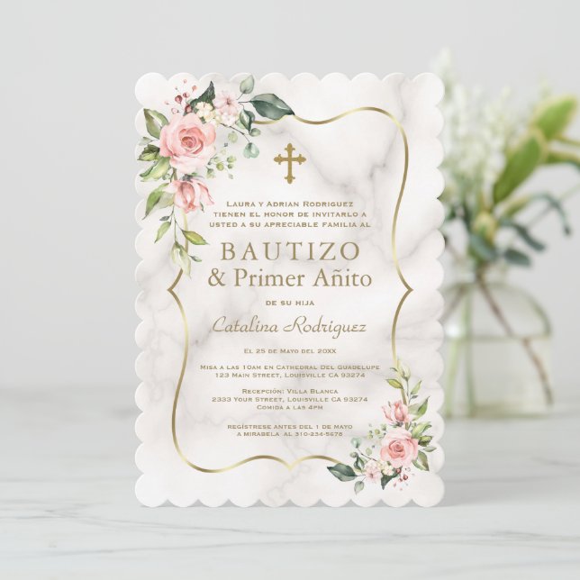 Invitation Charm Blush Flowers Espagnol 1er Anniversaire Bapt (Debout devant)
