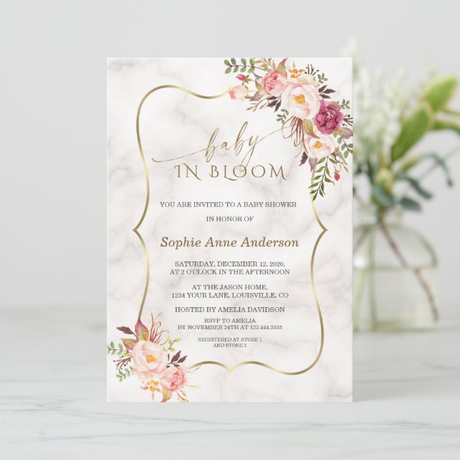 Invitation Charm Blush Flowers Gold Marble Baby in Bloom (Debout devant)