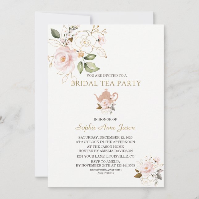 Invitation Charm Blush Gold Floral Fête des mariées Tea Party (Devant)