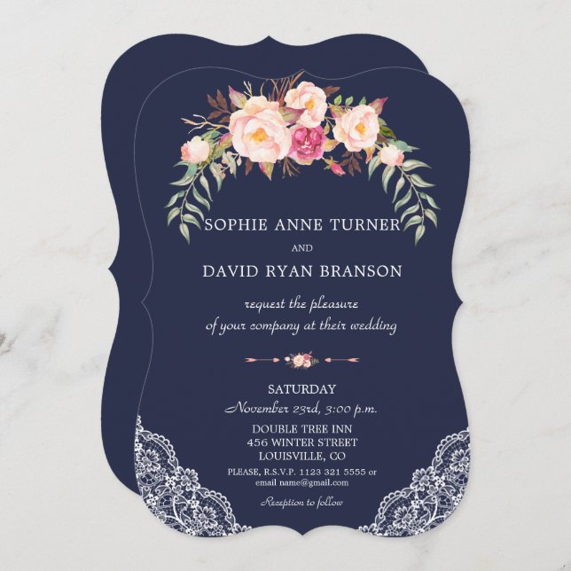 Invitation Charm Blush rose Fleurs dentelle Mariage Marine (Devant / Derrière)