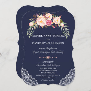 Invitation Charm Blush rose Fleurs dentelle Mariage Marine