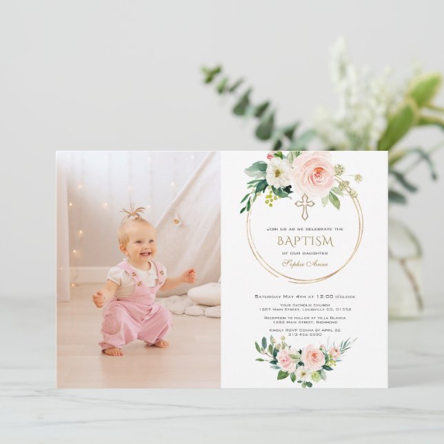 Invitation Charm Blush rose Floral Gold Girl Photo Baptême (Debout devant)