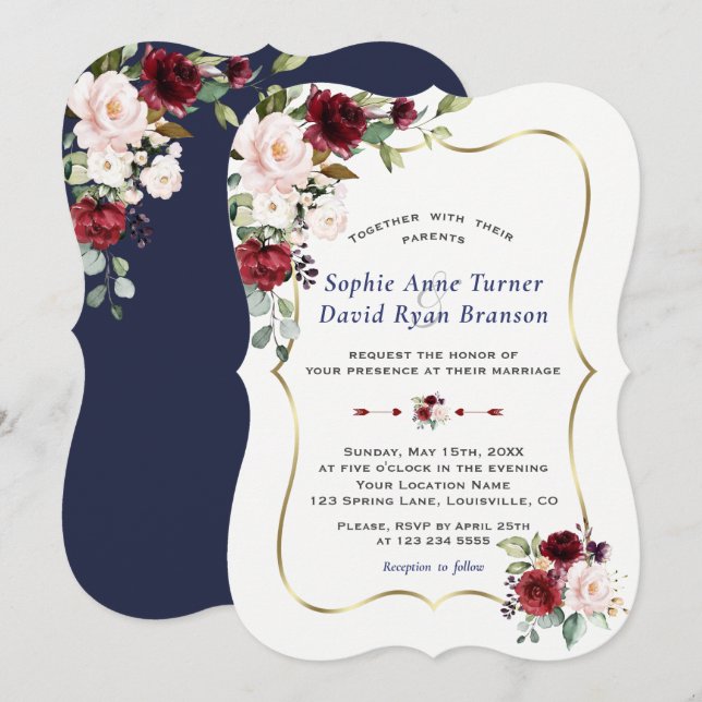 Invitation Charm Bourgogne Blush Flowers Gold Frame Mariage (Devant / Derrière)