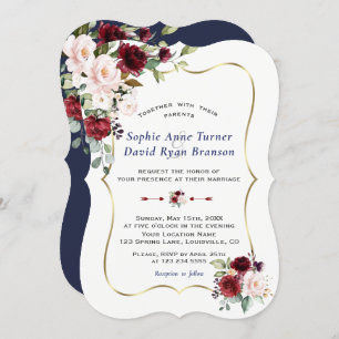 Invitation Charm Bourgogne Blush Flowers Gold Frame Mariage