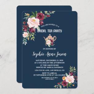 Invitation Charm Bourgogne Floral Navy Fête des mariées Tea P
