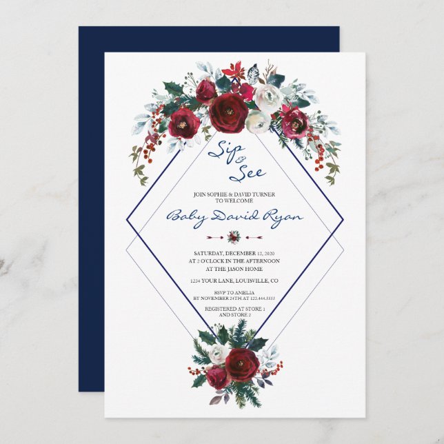 Invitation Charm Bourgogne Floral Navy Sip & Voir Baby shower (Devant / Derrière)