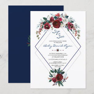 Invitation Charm Bourgogne Floral Navy Sip & Voir Baby shower