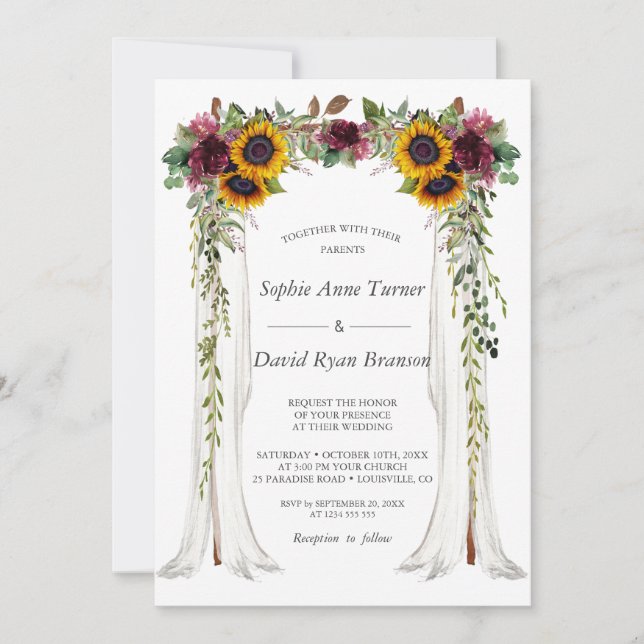Invitation Charm Bourgogne Floral Sunflower Canopy Mariage (Devant)