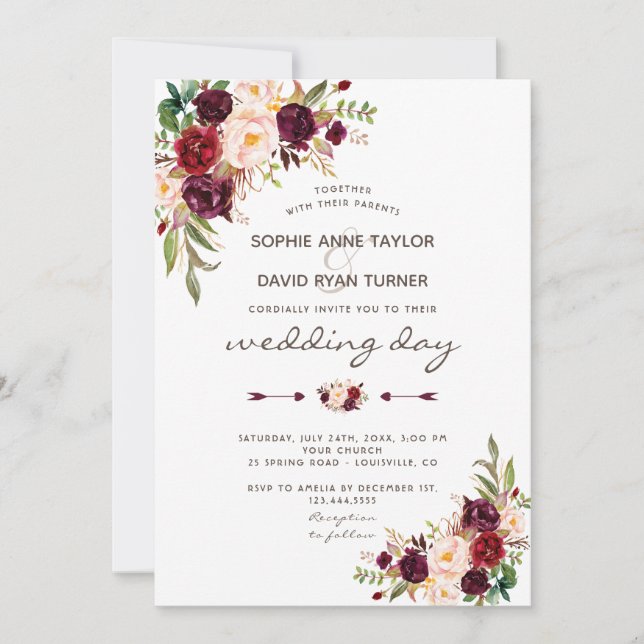 Invitation Charm Bourgogne Rouge Marsala Floral Mariage Invit (Devant)
