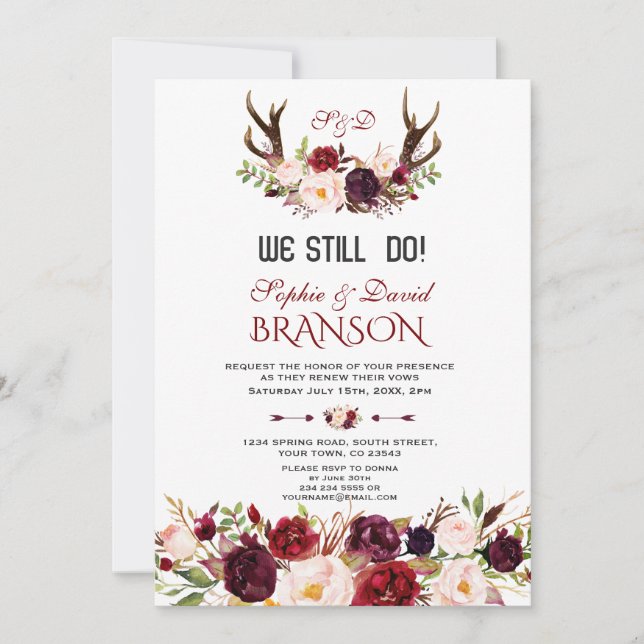 Invitation Charm Burgundy Blush Floral Antlers NOUS LE FAISON (Devant)