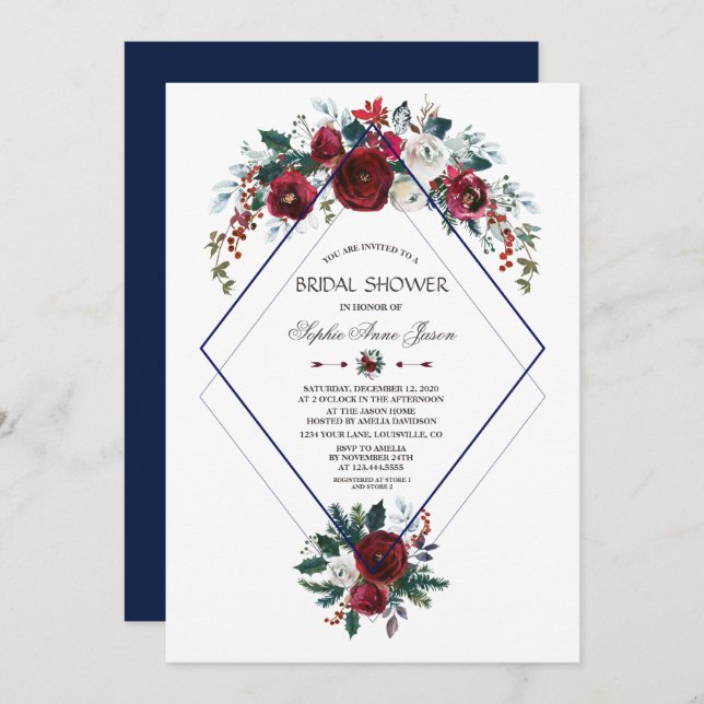 Invitation Charm Burgundy Floral Navy Fête des mariées bleue (Devant / Derrière)